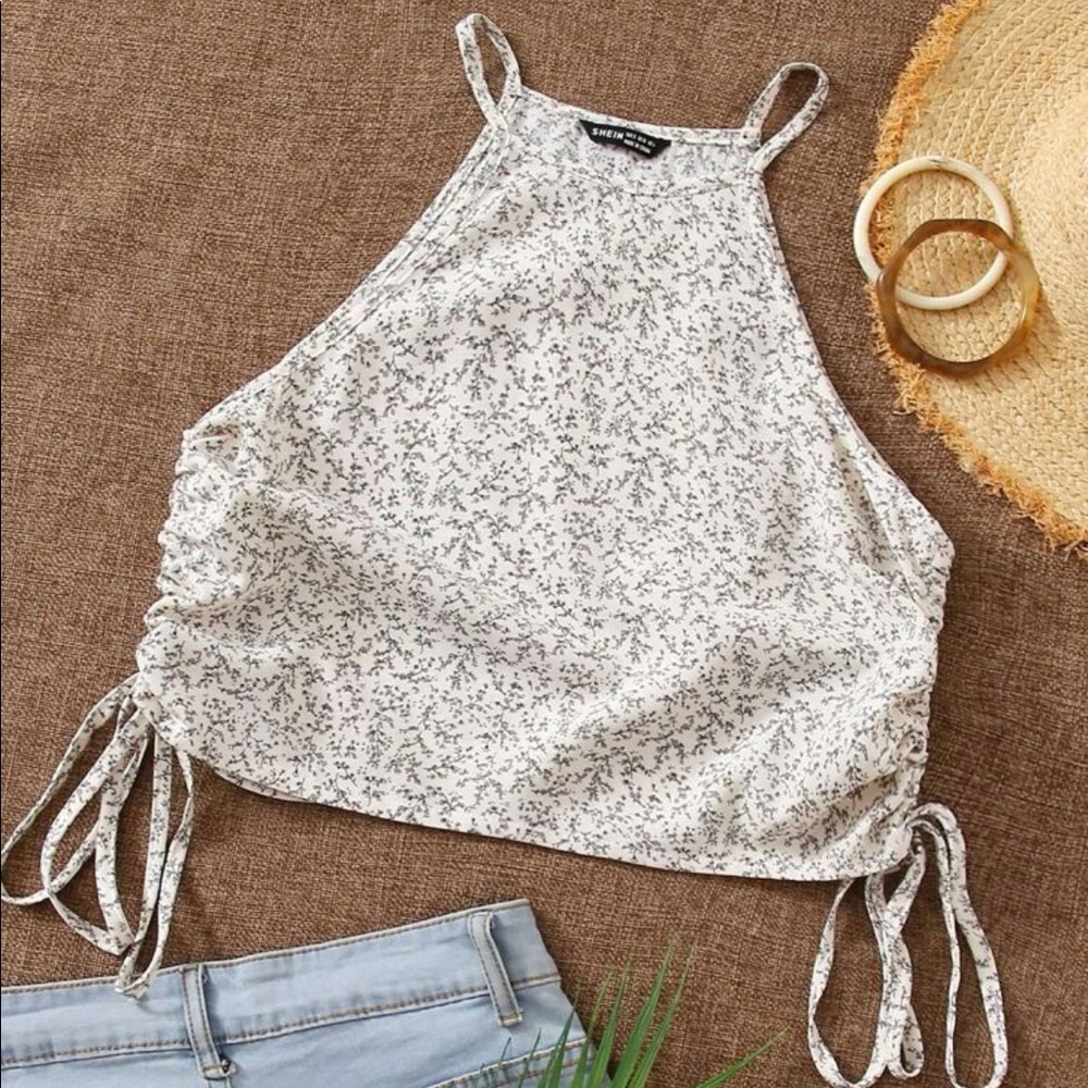 Drawstring Side Ditsy Floral Halter top